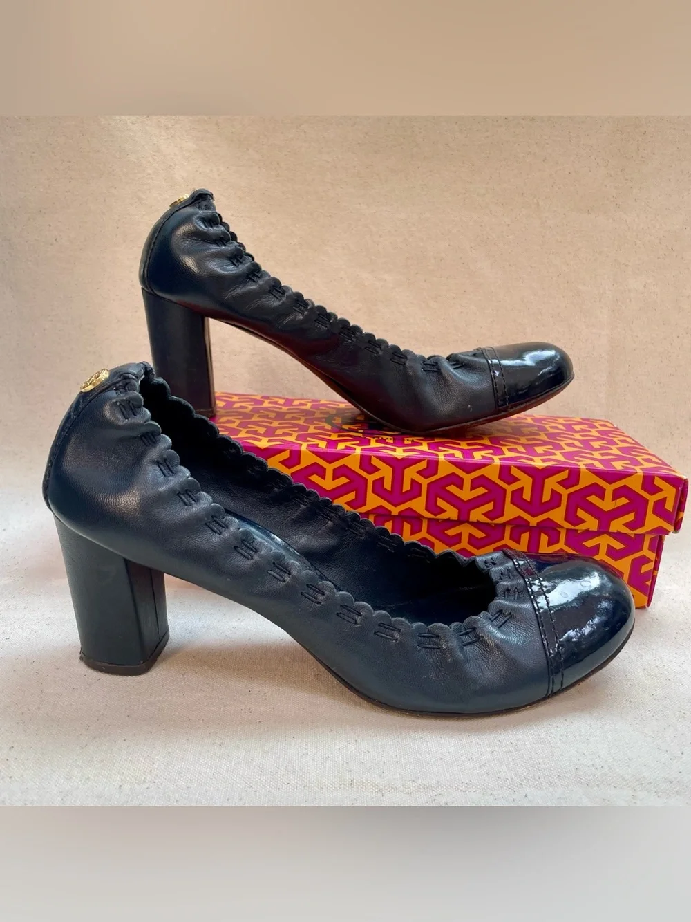 Tory Burch Navy Patent Round-Toe Block Heel Pumps